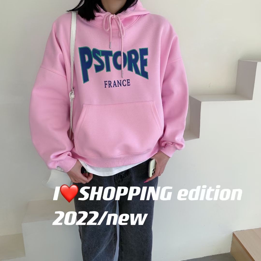 Hooded sweatshirt women's 2022 spring collection from South Korea: Loose and versatile long-sleeved faux two-piece letter-printed thin top detail image 3