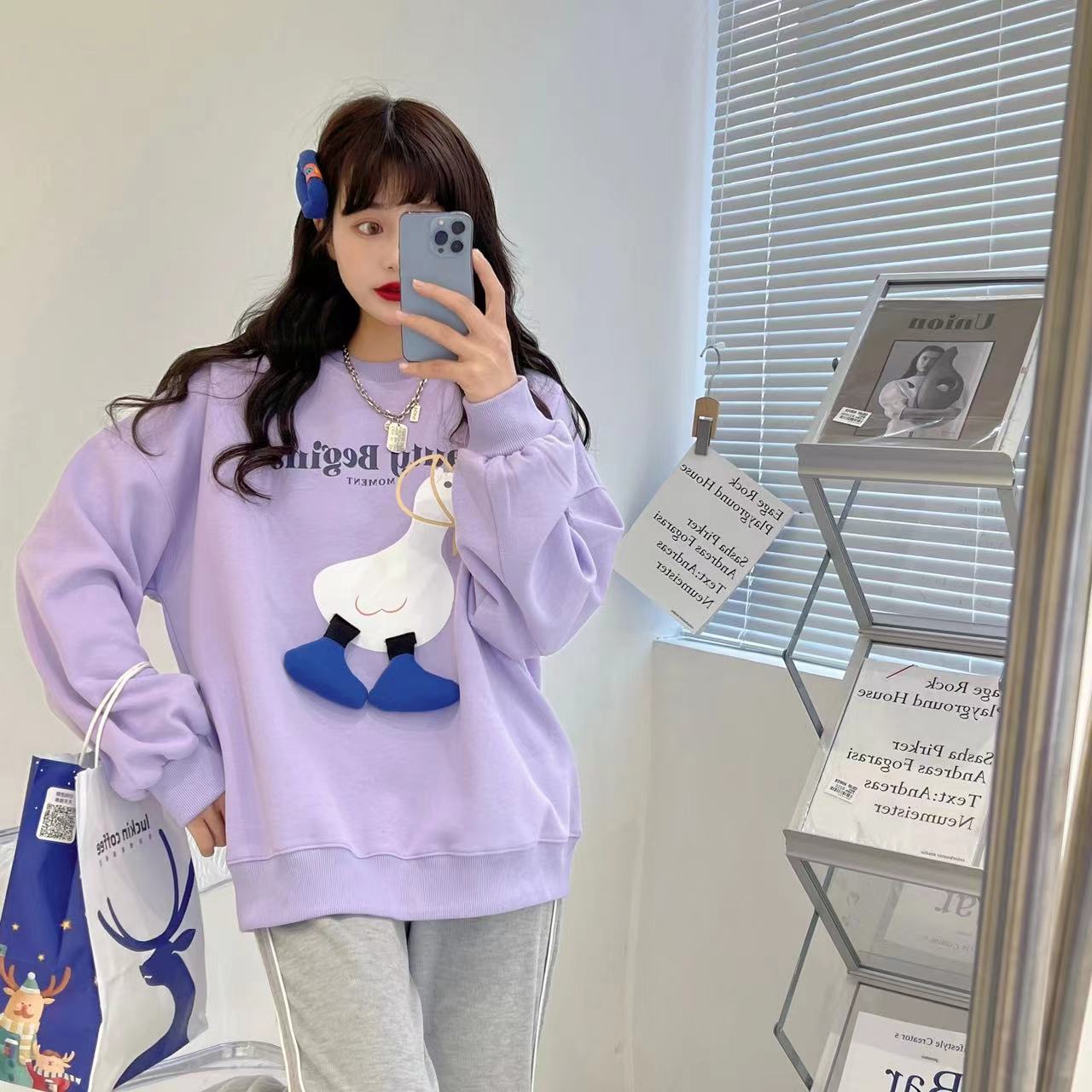 Klein blue hoodie Women's Spring and Autumn Thin 2022 New style, Korean Dongdaemun Harajuku style cartoon loose top trend Application Scenario