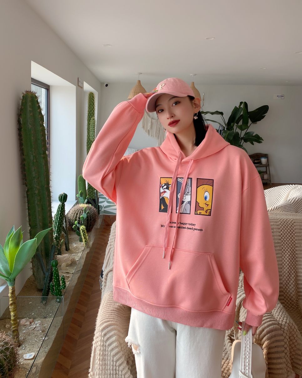 Cartoon hooded sweatshirt for women Spring new Korean style drawstring student pullover college style cute and youthful top Item Picture