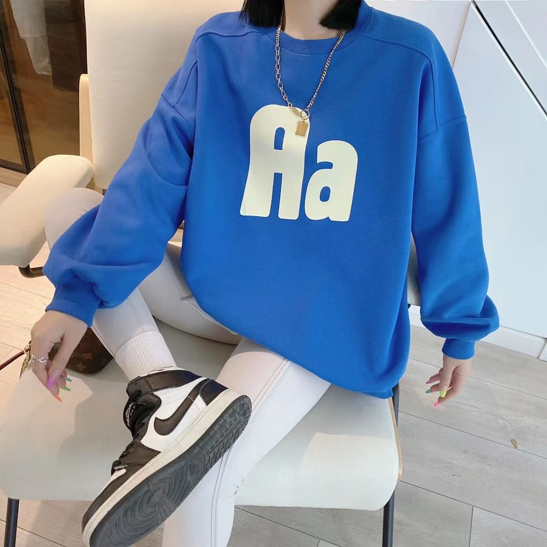 Aa letter printed round-neck hoodie for women 2022 early Spring new collection, loose and versatile, bf laid-back style, no fleece top, trendy Specification image