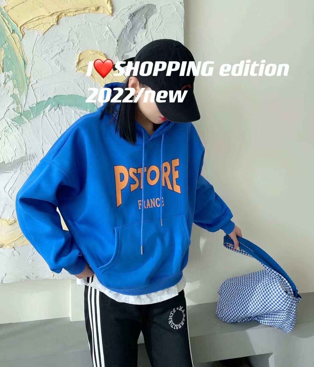 Hooded sweatshirt women's 2022 spring collection from South Korea: Loose and versatile long-sleeved faux two-piece letter-printed thin top details Picture