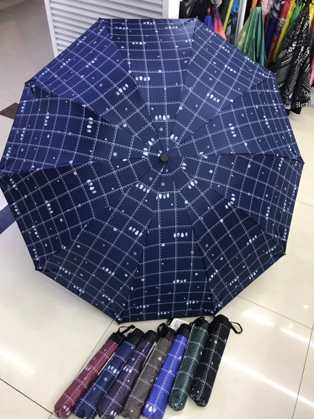 三折喷漆布黑胶格子伞