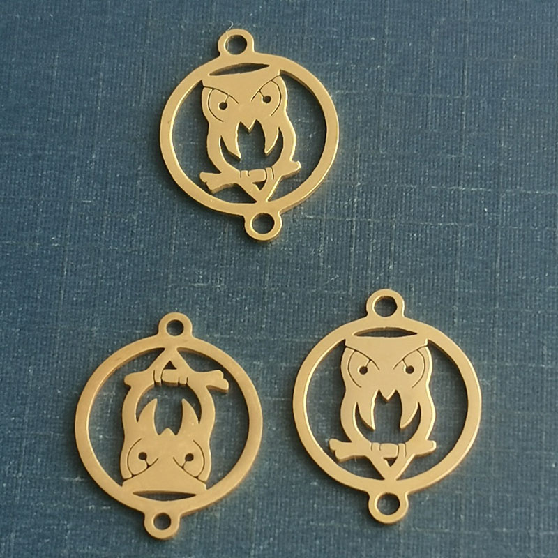 Simple round titanium steel pendant, hollowed-out stainless steel owl bracelet pendant, precisely cut golden steel color accessory details Picture