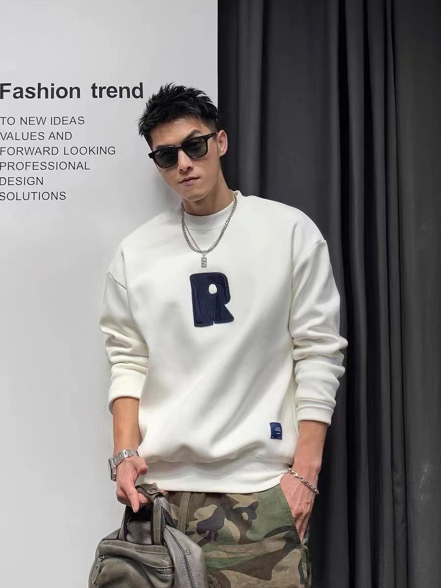 Spring men's round-neck pullover hoodie, thin and cool, loose top coat, long-sleeved American casual trend details Picture