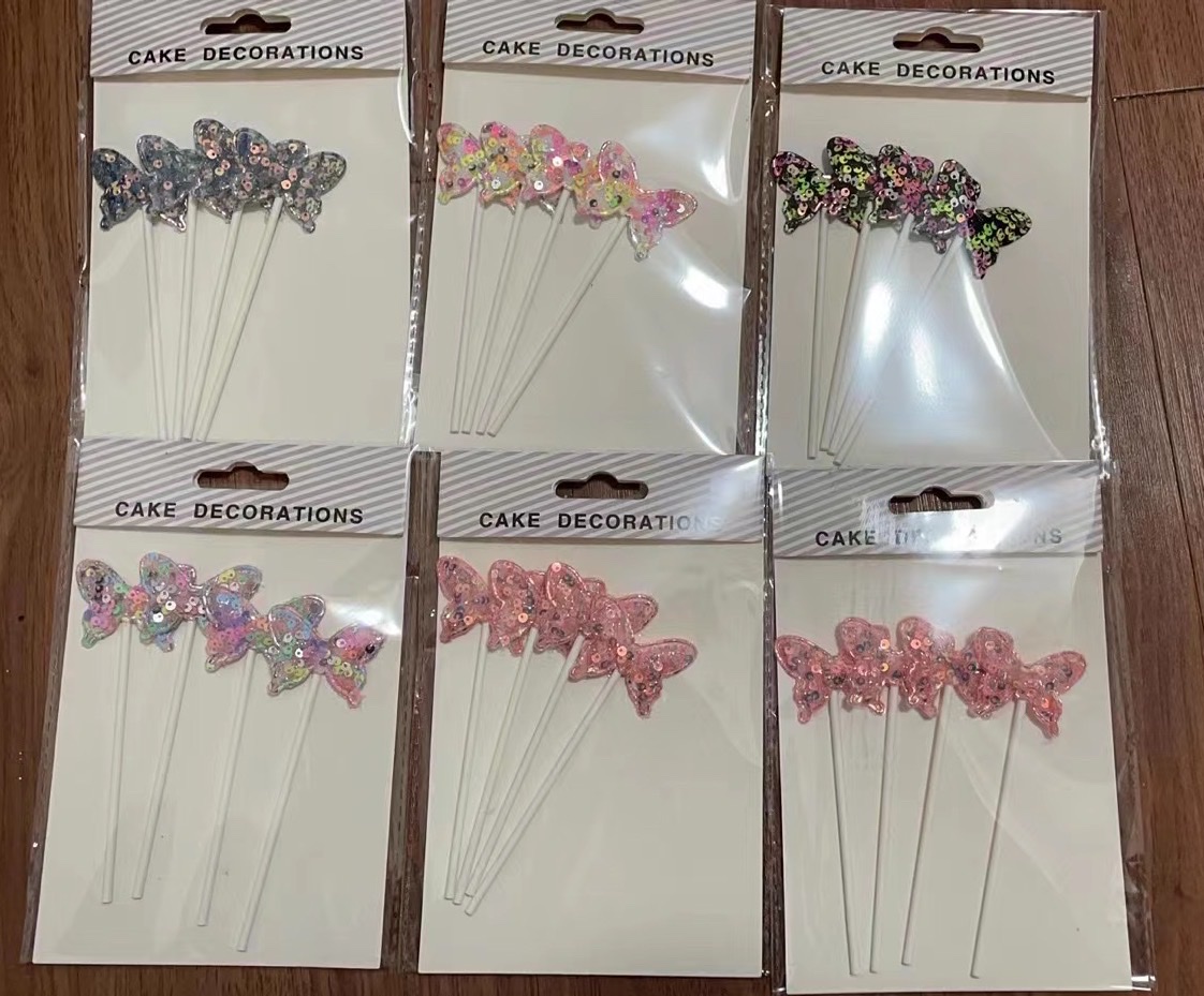 亮片蝴蝶蛋糕插 渐变色生日蛋糕装饰