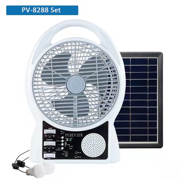 8-inch solar fan charging table fan with LED light, radio, MP3 player and Bluetooth speaker functions details Picture