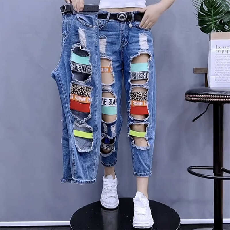 设计感破洞牛仔裤女潮ins春夏高腰直筒乞丐老爹chic九分小脚裤子