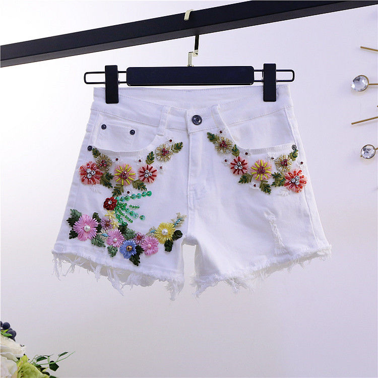 European Station 2022 Summer New sequined white fringed denim shorts Women's versatile embroidered beaded slimming hot pants
