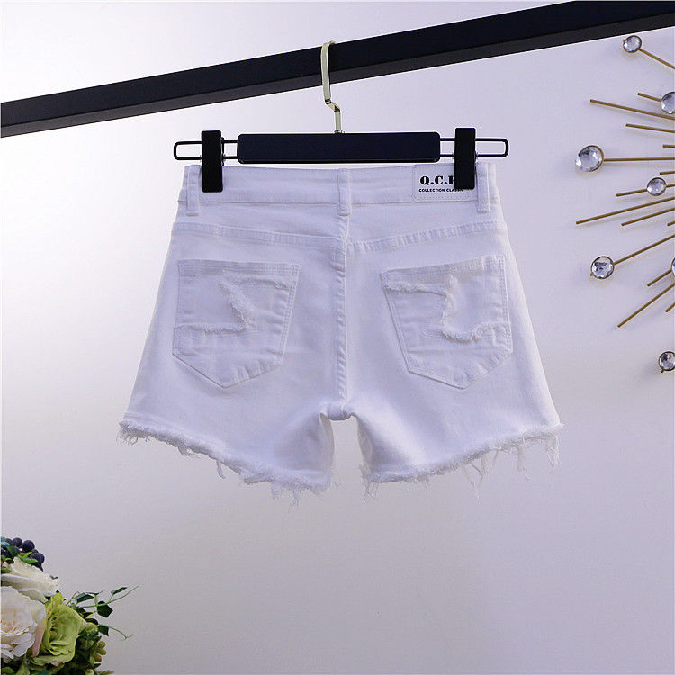 European Station 2022 Summer New sequined white fringed denim shorts Women's versatile embroidered beaded slimming hot pants detail image 5