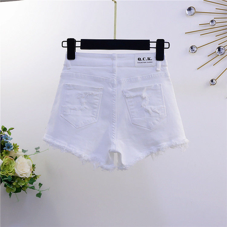 欧洲站2022夏季新款重工字母镶钻显瘦毛边弹力修身白色牛仔短裤女详情图7