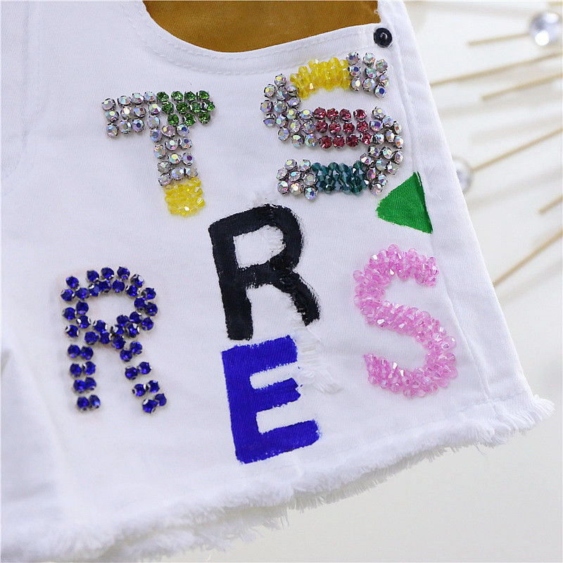 欧洲站2022夏季新款重工字母镶钻显瘦毛边弹力修身白色牛仔短裤女详情图10