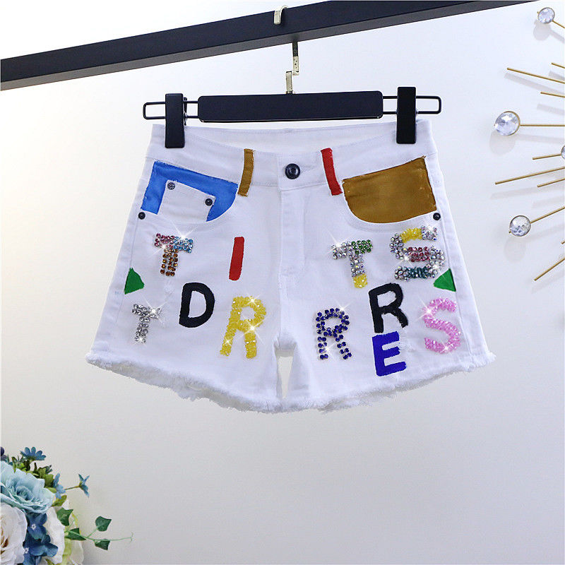 欧洲站2022夏季新款重工字母镶钻显瘦毛边弹力修身白色牛仔短裤女详情图11