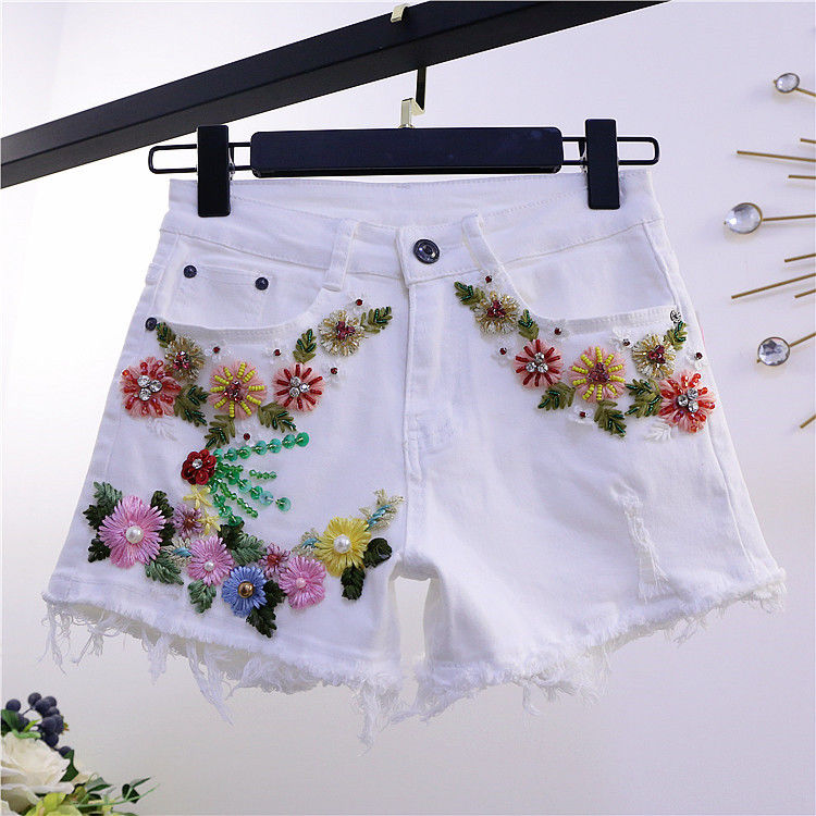 European Station 2022 Summer New sequined white fringed denim shorts Women's versatile embroidered beaded slimming hot pants Specification image
