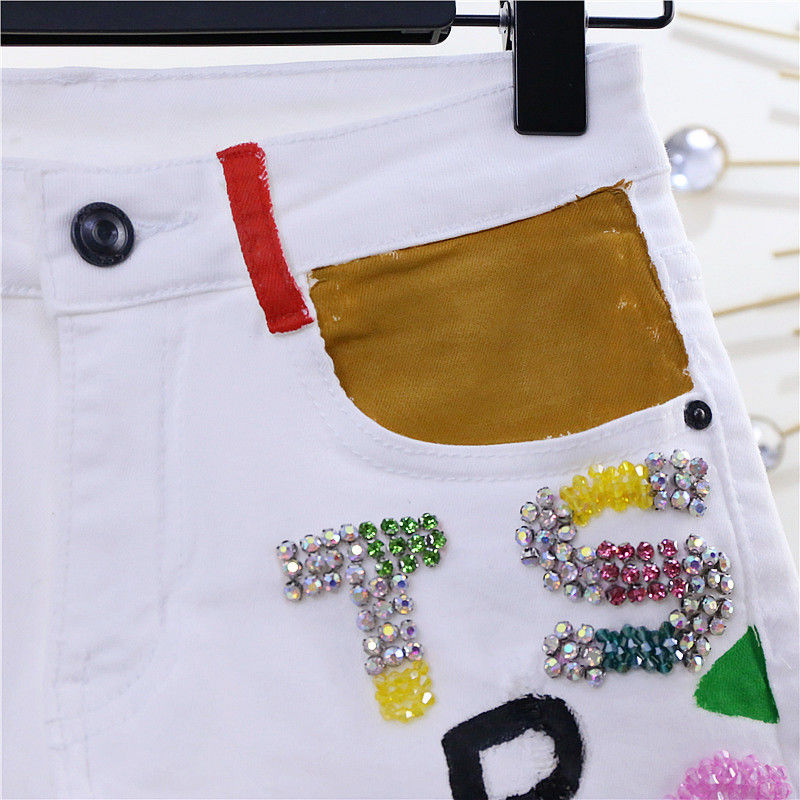 欧洲站2022夏季新款重工字母镶钻显瘦毛边弹力修身白色牛仔短裤女详情图4