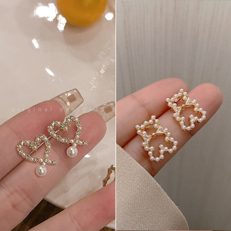 爱心珍珠锆石耳钉女2022年新款潮高级感轻奢耳饰韩国精致小巧耳环可爱