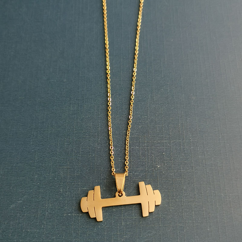 Wholesale of popular European and American style sports and fitness dumbbell necklaces, fashionable barbell couple pendants, autumn and winter sweater chains detail image 6