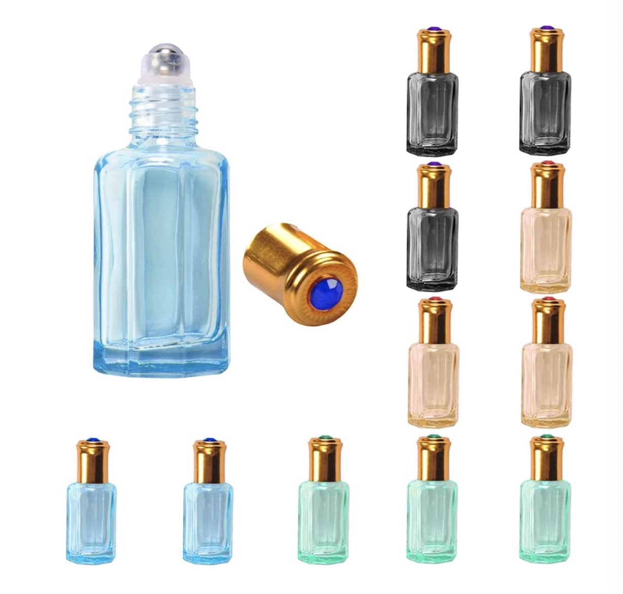 12ml octagonal bottle, gemstone cap, ball bearing plastic rod, glass rod