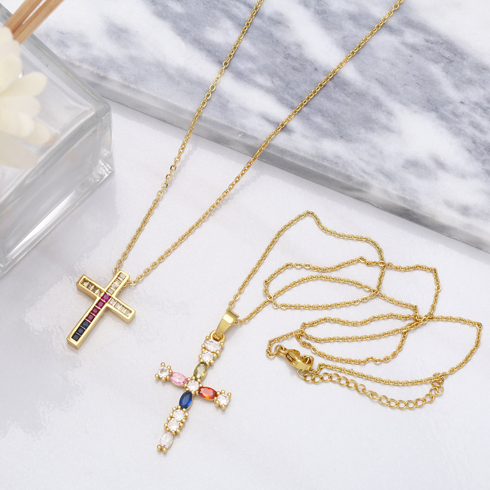 European and American cross-border jewelry creative and personalized ins trendy micro-inlaid colored zircon cross pendant collarbone chain detail image 5