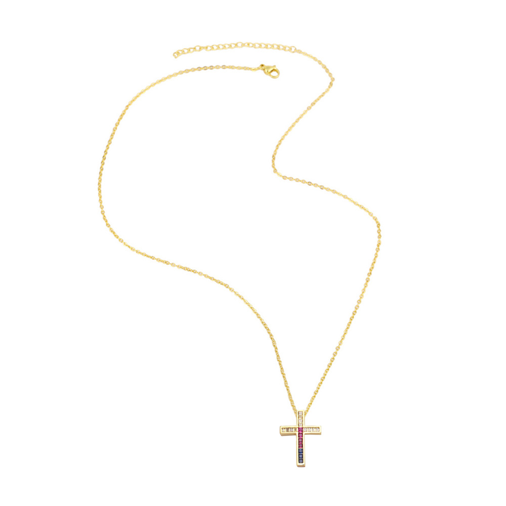 European and American cross-border jewelry creative and personalized ins trendy micro-inlaid colored zircon cross pendant collarbone chain detail image 4