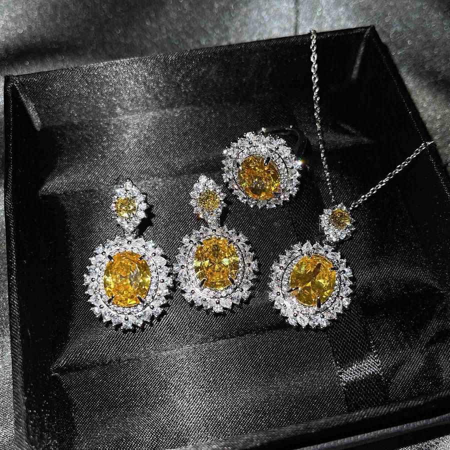 A new luxury set from Europe and America, set with a sea-blue topaz ring, yellow crystal earrings and a pink diamond necklace detail image 2