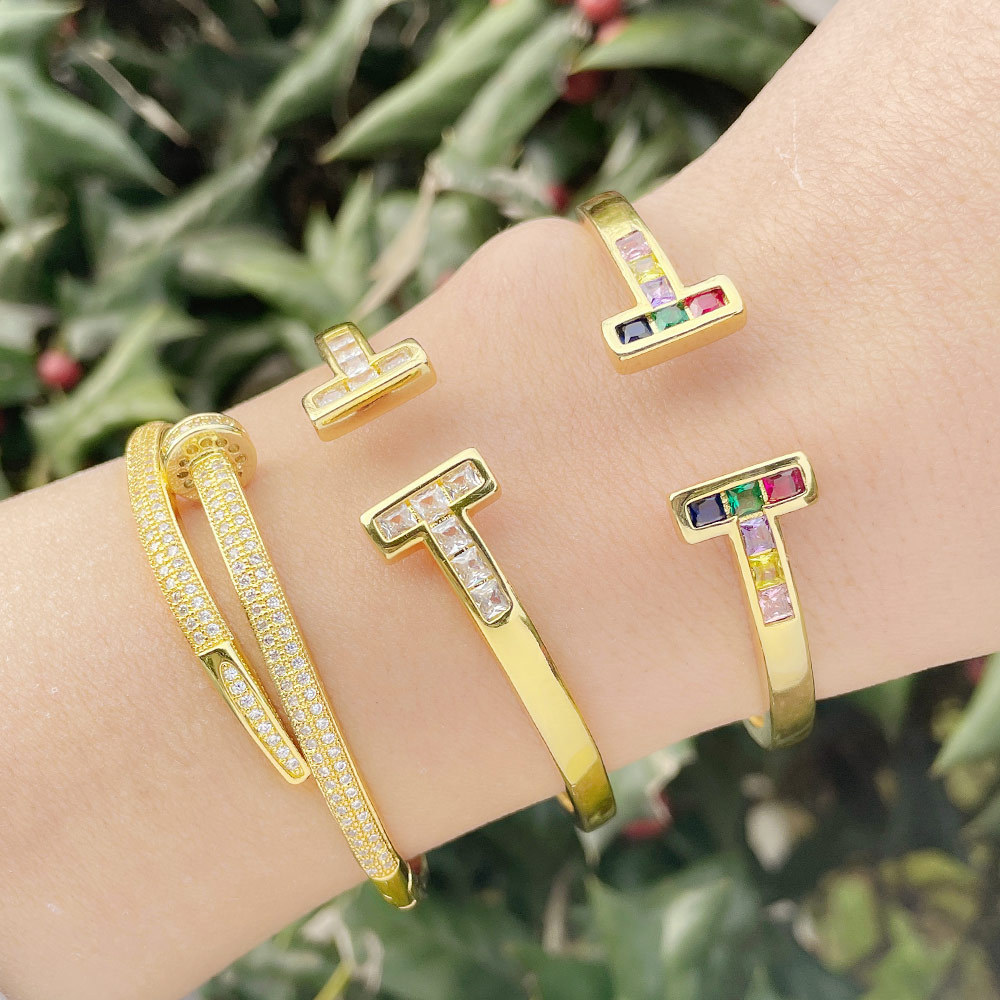 Diamond-encrusted double T-shaped open bracelet, a niche European and American light luxury high-end nail bracelet, the same style bracelet as the Internet celebrity Item Picture