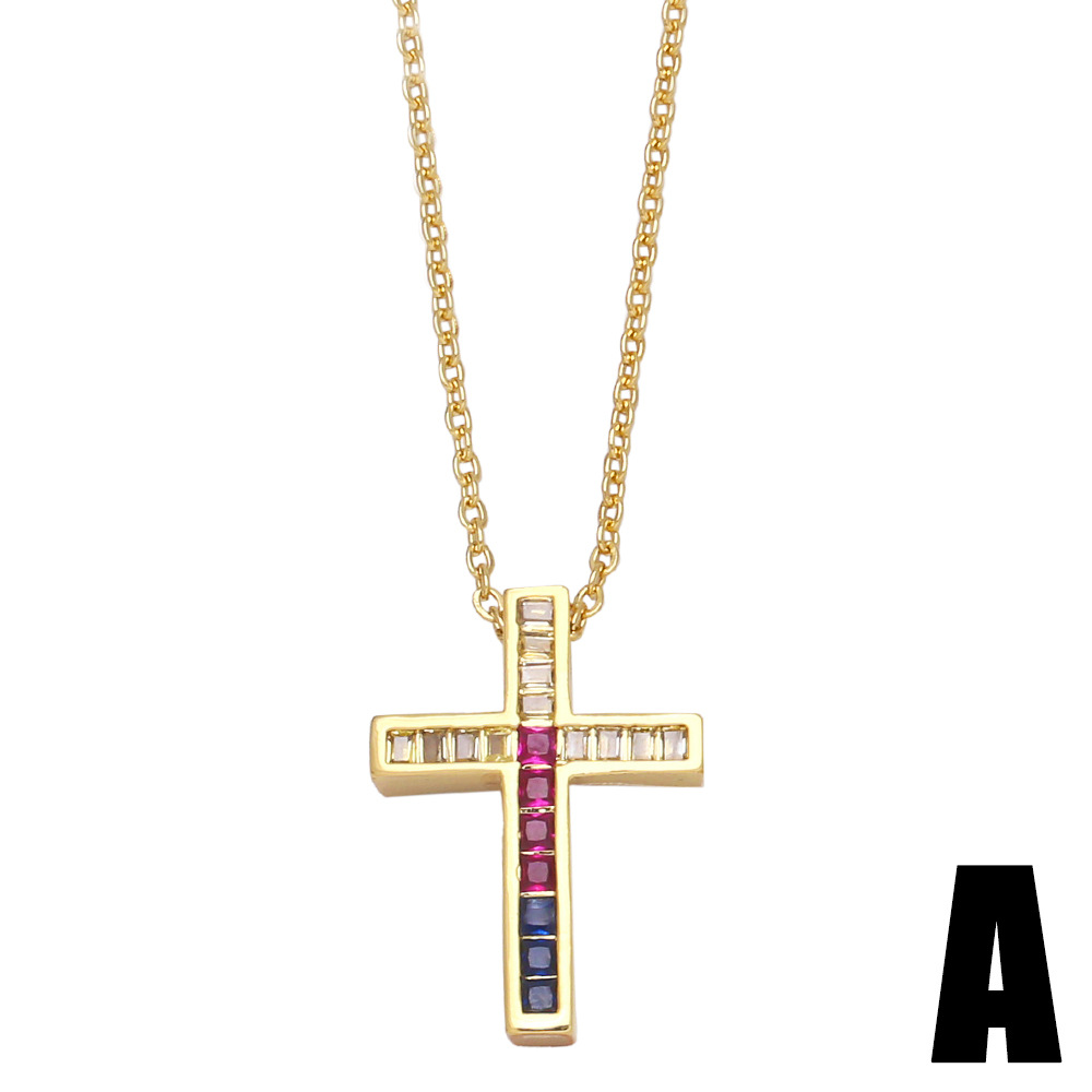 European and American cross-border jewelry creative and personalized ins trendy micro-inlaid colored zircon cross pendant collarbone chain details Picture