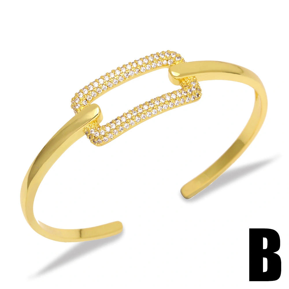 European and American fashion, niche and light luxury, diamond-encrusted geometric rectangular heart-shaped opening bracelet, internet-famous nail bracelet detail image 3