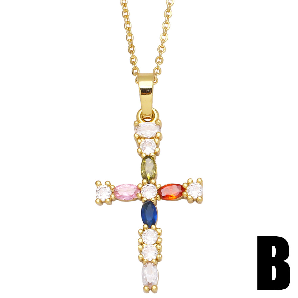 European and American cross-border jewelry creative and personalized ins trendy micro-inlaid colored zircon cross pendant collarbone chain detail image 3