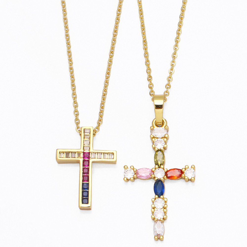 European and American cross-border jewelry creative and personalized ins trendy micro-inlaid colored zircon cross pendant collarbone chain