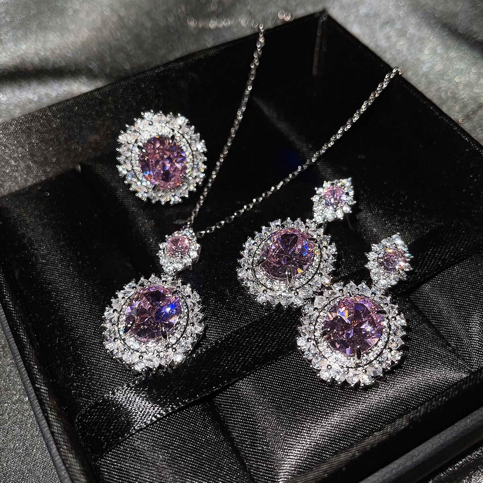 A new luxury set from Europe and America, set with a sea-blue topaz ring, yellow crystal earrings and a pink diamond necklace detail image 3