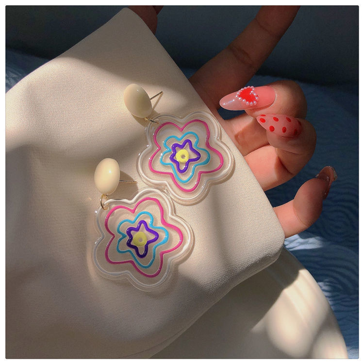 彩色透明花朵耳钉ins小众设计感春夏季耳环女百搭耳饰无耳洞耳夹