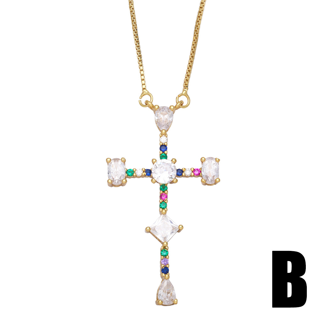 A creative and niche design of a new cross-border jewelry necklace set with colored diamonds and zircon cross Specification image