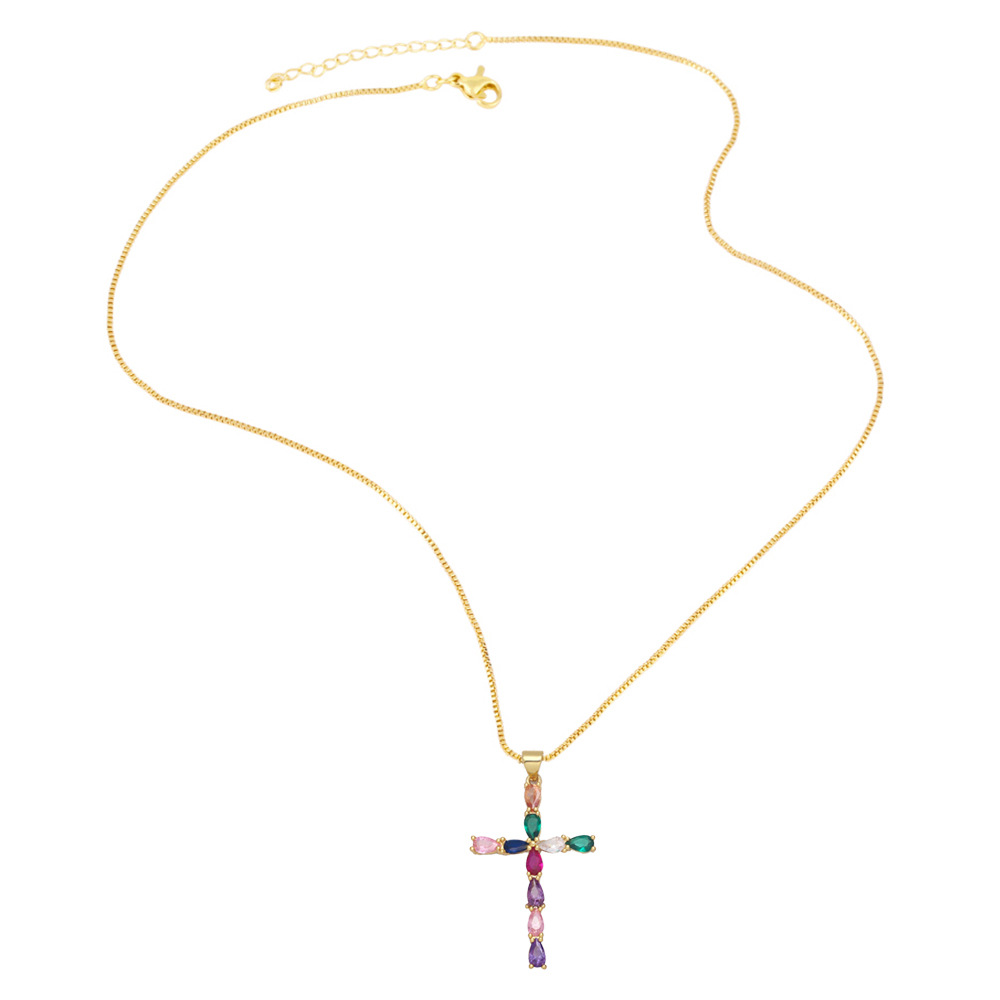 A creative and niche design of a new cross-border jewelry necklace set with colored diamonds and zircon cross Item Picture
