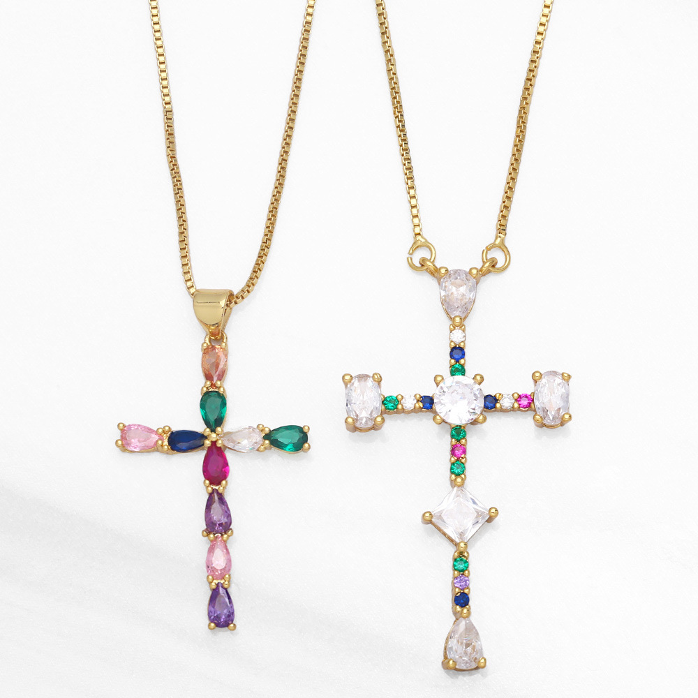 A creative and niche design of a new cross-border jewelry necklace set with colored diamonds and zircon cross