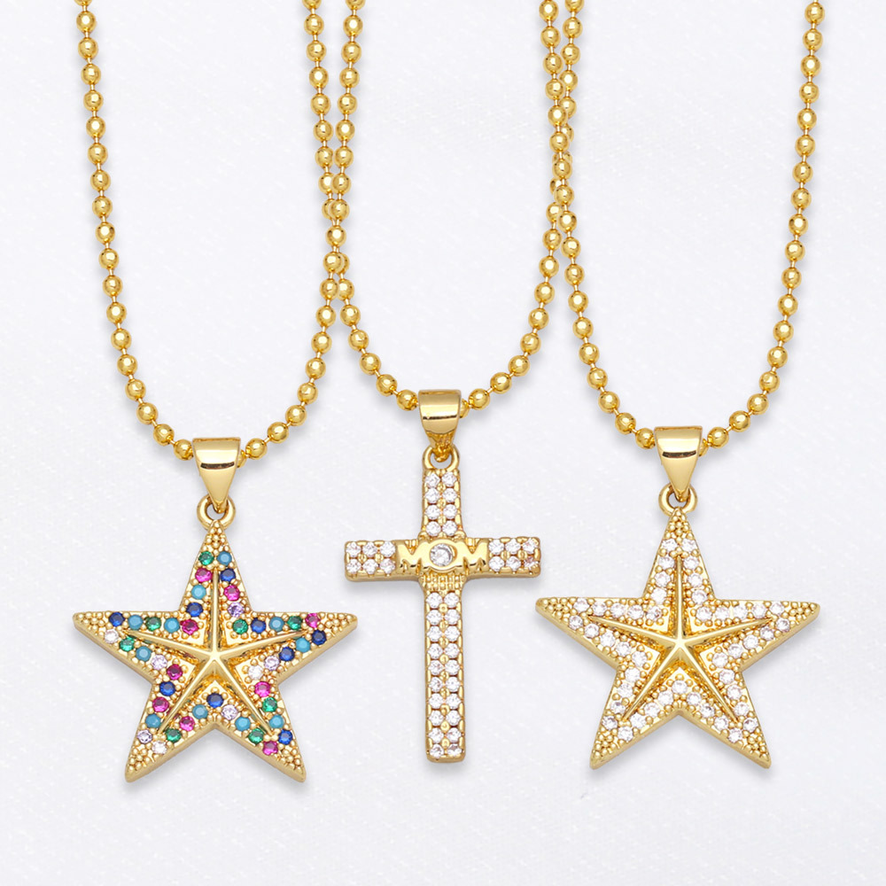European and American cross-border simple and fashionable cross necklace for women with colorful diamonds and five-pointed stars, retro and creative collarbone chain