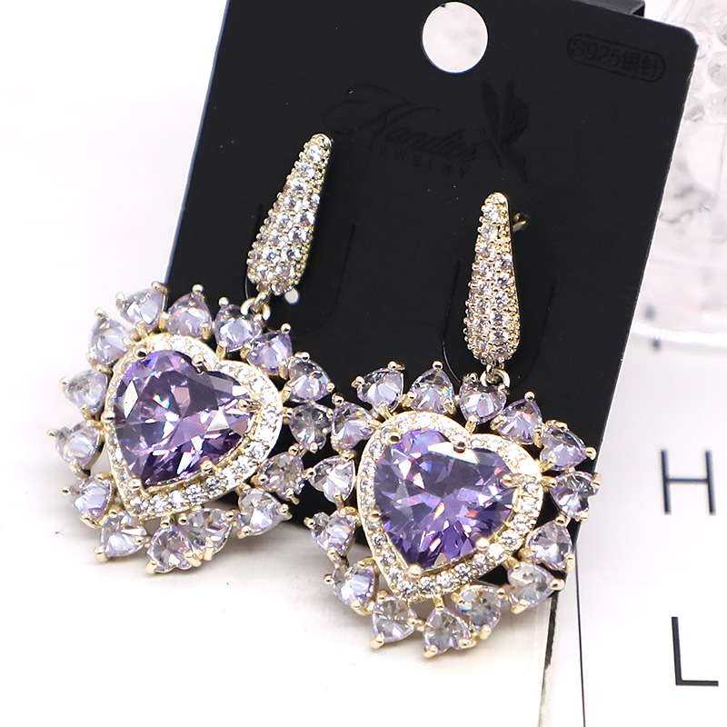 New European and American fashion earrings, heavy industry micro-inlaid multi-color zirconium diamond cute heart-shaped earrings, heart-shaped female stud earrings details Picture