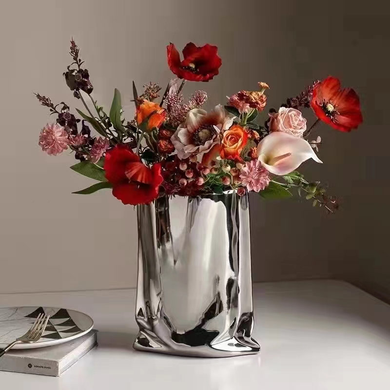 Nordic ceramic electroplated creative geometric silver vases, soft furnishings, wedding and hotel gifts, living room dining table decoration cabinets, entrance hall modern handicrafts, flat vases and flower vases wholesale