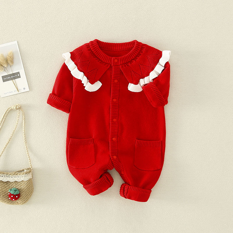 春秋婴儿衣服加绒满月公主服女宝宝红色连体毛衣百天拍照针织爬服详情图9