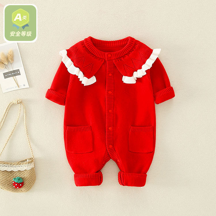春秋婴儿衣服加绒满月公主服女宝宝红色连体毛衣百天拍照针织爬服详情图7