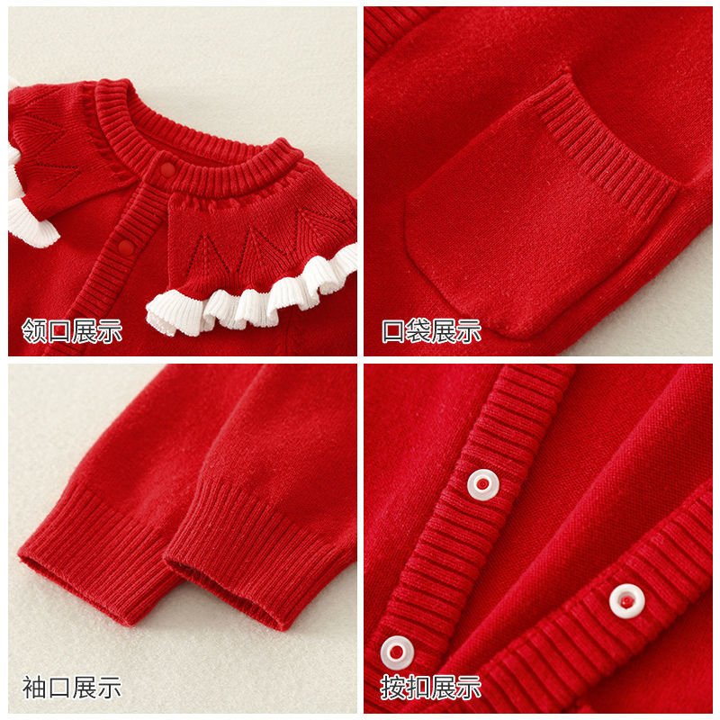 春秋婴儿衣服加绒满月公主服女宝宝红色连体毛衣百天拍照针织爬服详情图8