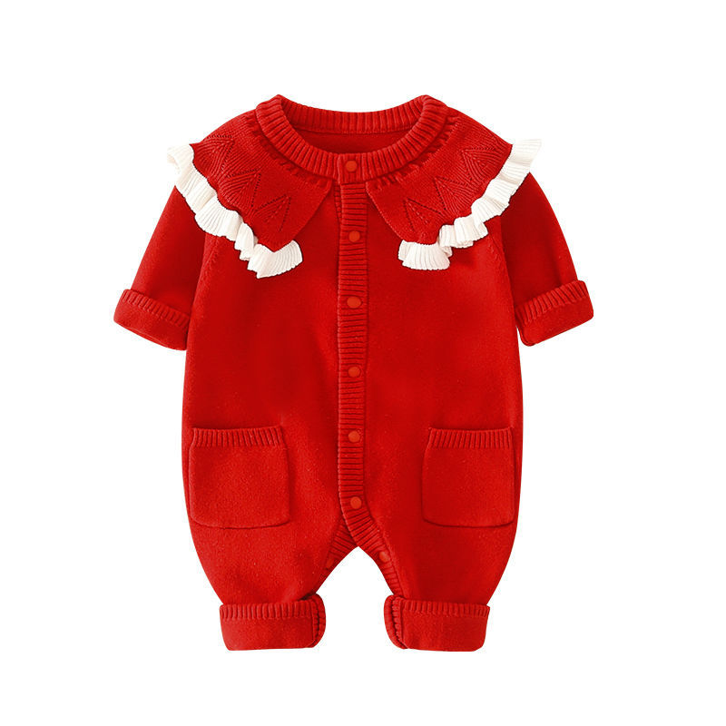 春秋婴儿衣服加绒满月公主服女宝宝红色连体毛衣百天拍照针织爬服详情图6