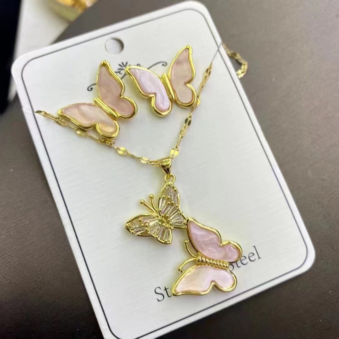 2120彩色贝母蝴蝶套装不锈钢材质不易生锈气质超仙女耳环项链