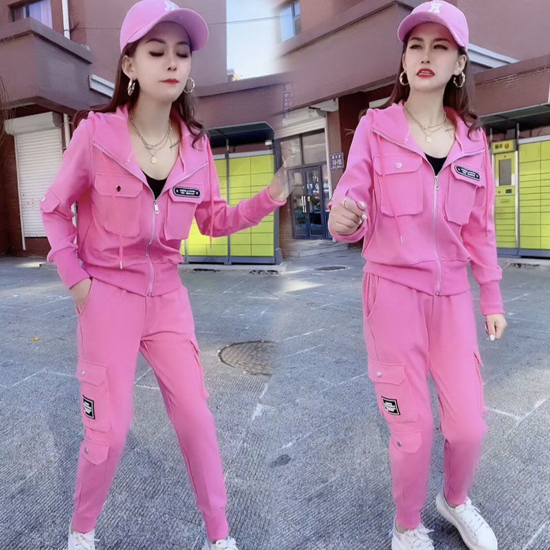 2022春秋新款女休闲运动贴标大兜连帽长袖开衫卫衣工装裤两件套装详情图3