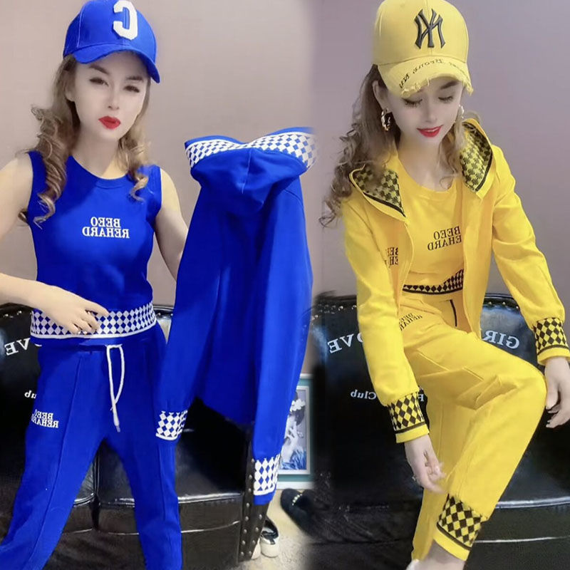 2022春秋新款女休闲连帽开衫卫衣外套砍袖背心运动小脚裤三件套