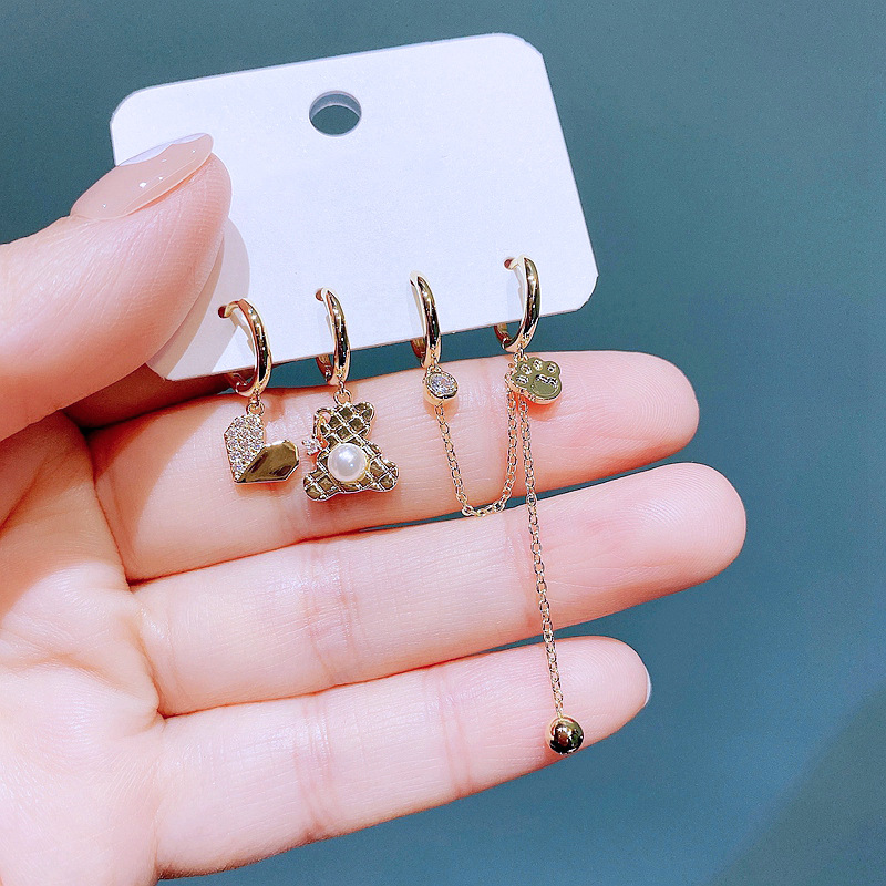 High-end, sweet, cool and fashionable earring set for women, exquisite zircon pearl, cute heart-shaped bear ear buckles and small ear rings Item Picture