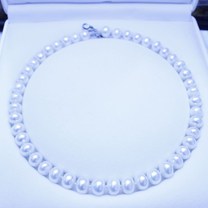白玉晶珠宝配旗袍项链天然淡水珍珠10-11扁珠无螺纹馒头珠女士商场详情5