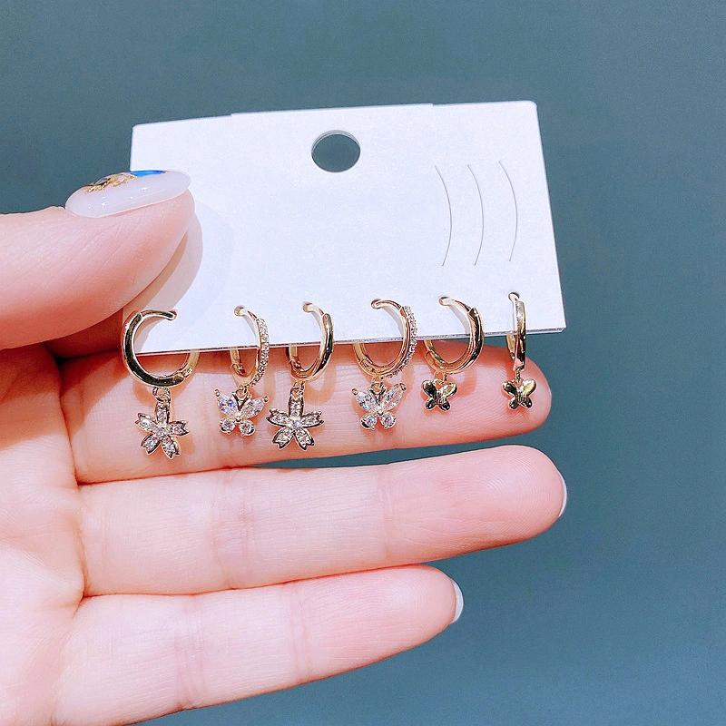 A new cross-border European and American earring set, featuring exquisite and fashionable zircon flower butterfly ear loops and ear rings in three pairs detail image 5