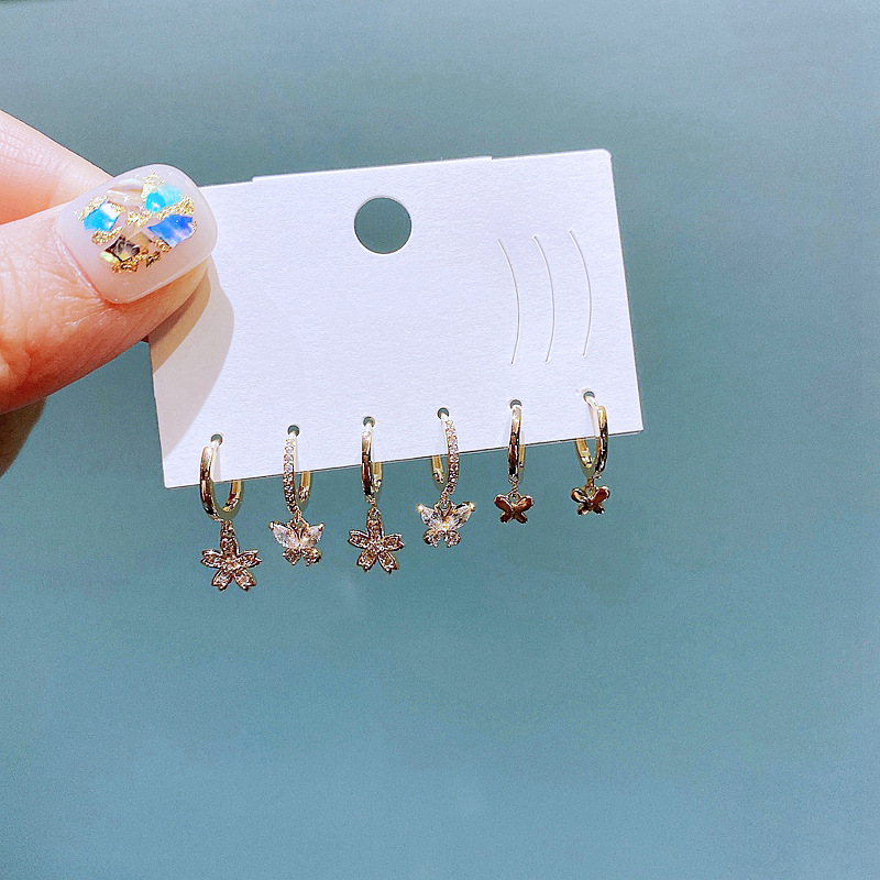 A new cross-border European and American earring set, featuring exquisite and fashionable zircon flower butterfly ear loops and ear rings in three pairs Specification image