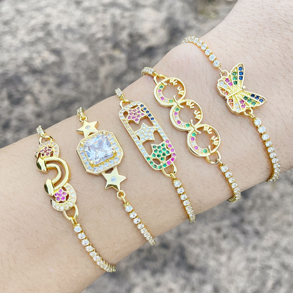 Simple zircon bracelet for women, a popular European and American fashion, versatile colored diamond rainbow star butterfly bracelet jewelry