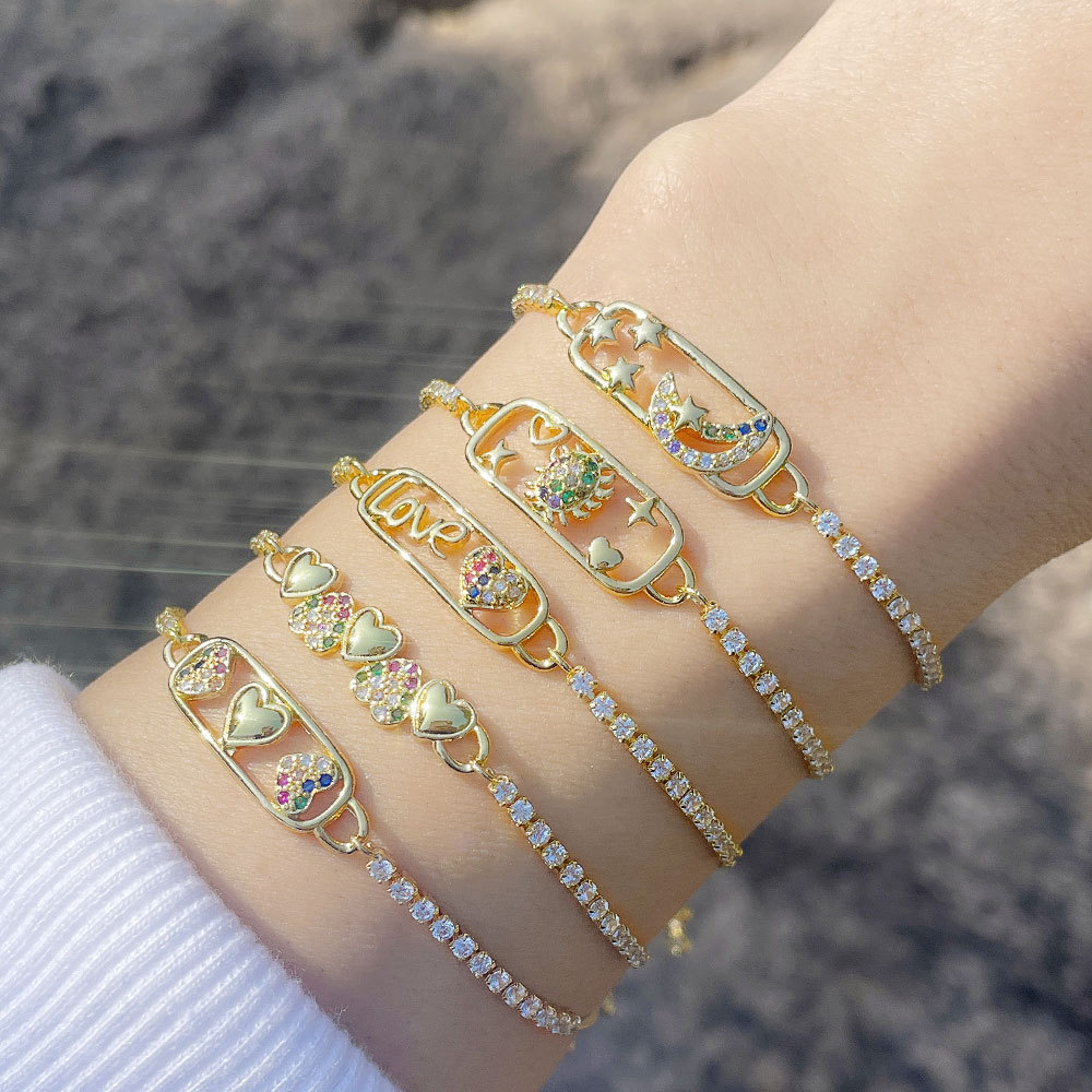 Cross-border new accessory: Simple and fashionable European and American heart-shaped moon and star bracelet, women's colored diamond zircon bracelet